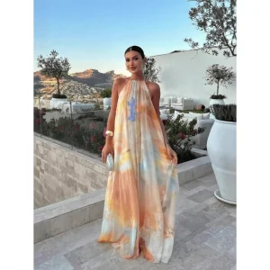 【New style Women Summer Dresses Halter Sleeveless maxi Dress Watercolor Print
