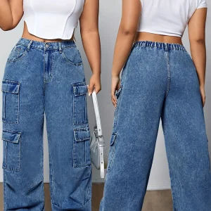 Plus Size Women's Mid Rise Light Wash Cargo Wide Leg Jeans, Elastic Back Waist, Baggy street jeans