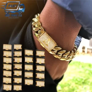 14mm Cuban Link Chain Bracelets 18K Gold-Plated Stainless-Steel Punk . Letter A-Z.