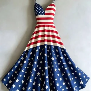 Womens American Flag Print Spaghetti Strap V-Neck A-Line Maxi Dress.
