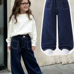 Deep Blue Wide Leg Denim Jeans For girls Loose Fit Casual Style