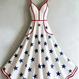 Womens White Blue Star Print V-Neck Spaghetti Strap A-Line Maxi Dress With Red Trim
